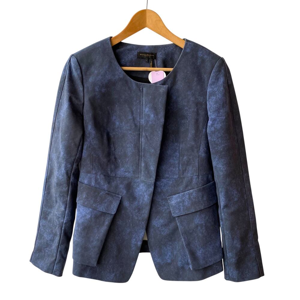 Donna Karan New York Abstract Blue Zip Front Moto Blazer Jacket Flap Pockets 6